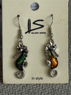 Seahorse Dangle Earrings - Iridescent Green & Orange Vintage